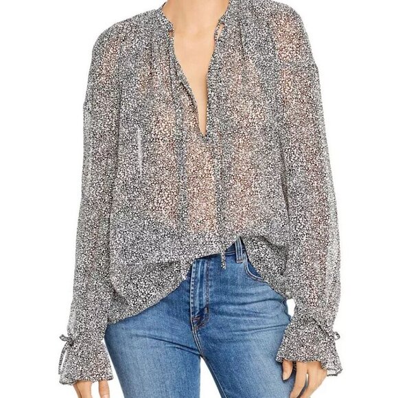 Anine Bing NEW Abigail 100% Silk Abstract Print Blouse Black White Small Sheer - Picture 2 of 12